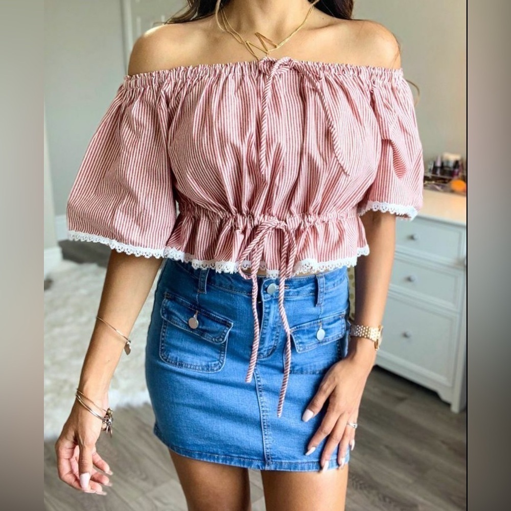 Red Striped Off-Shoulder Top and Blue Denim Skirt